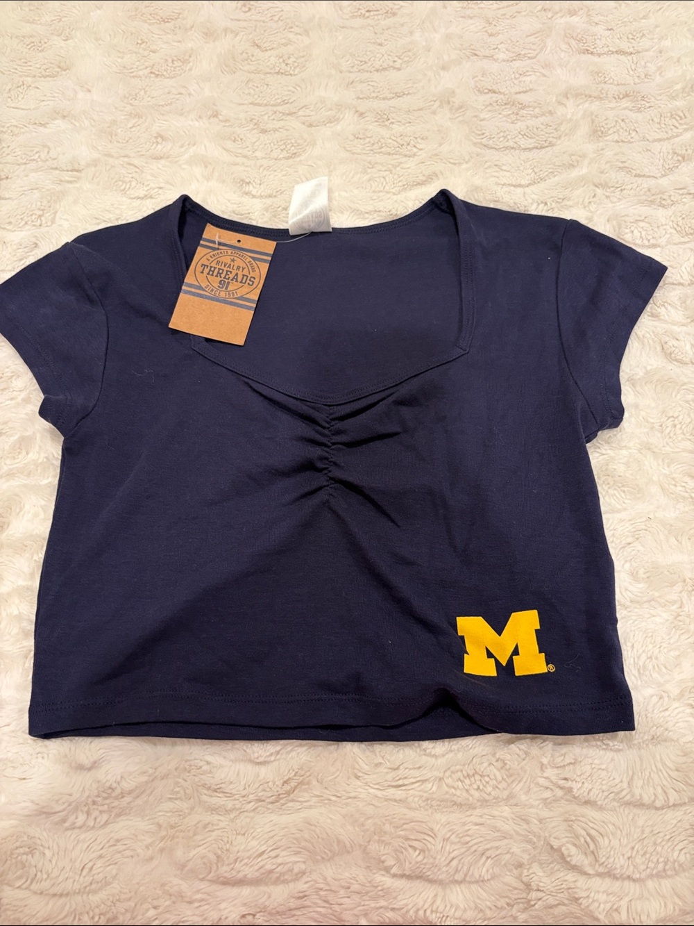 Rivalry Threads Navy Crop Top with Yellow M Logo